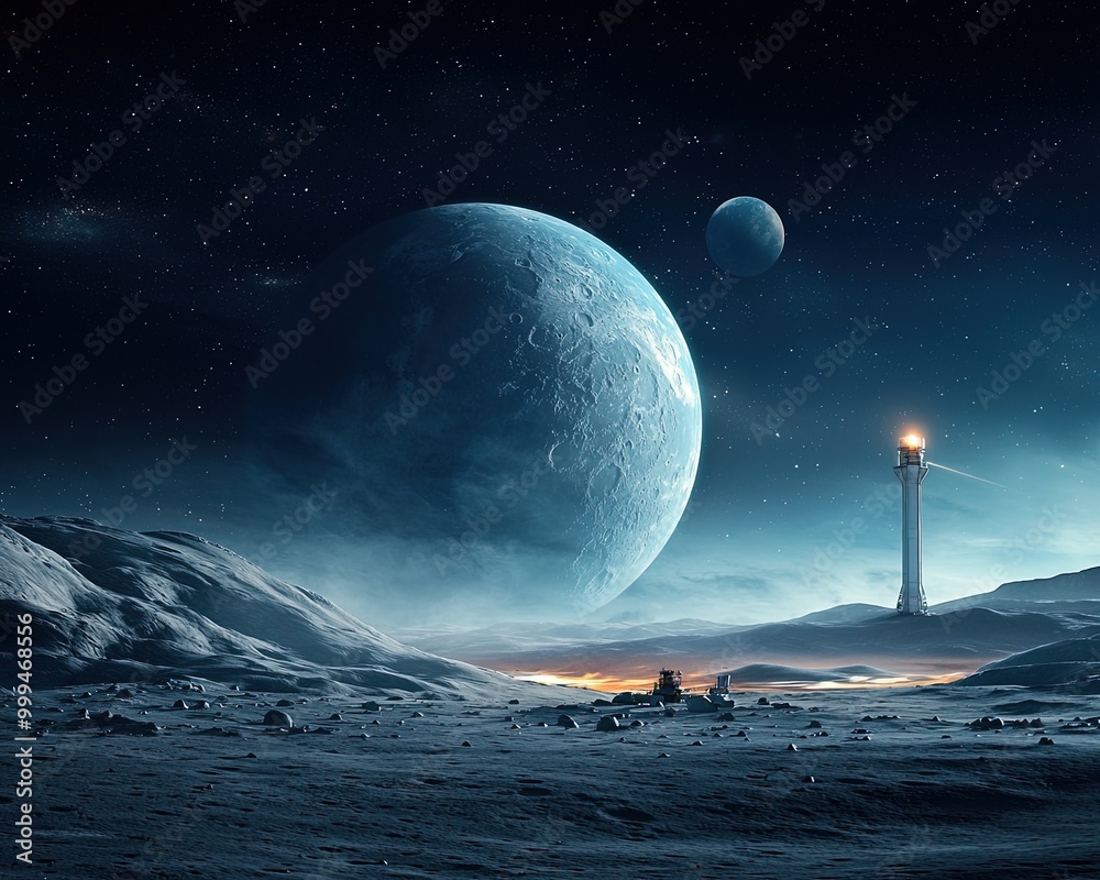 Mystical Moon Landscape with Distant Planets Mystical Moon Landscape with Distant Planets