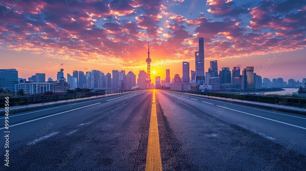 Fototapeta premium Asphalt road and city skyline with modern buildings at sunset in Shanghai 