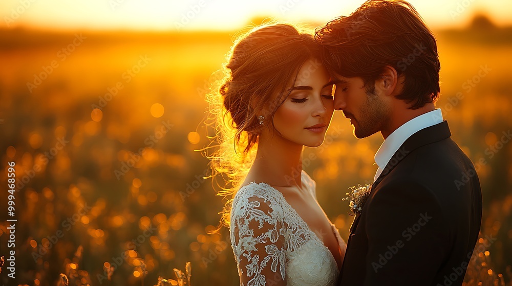 A bride and groom embrace in a field at sunset. A bride and groom embrace in a field at sunset.