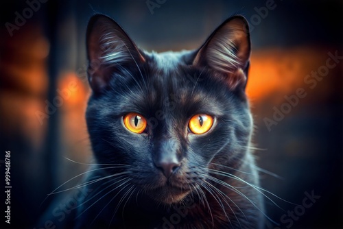 Close-up portrait of black cat with glowing eyes in dark setting