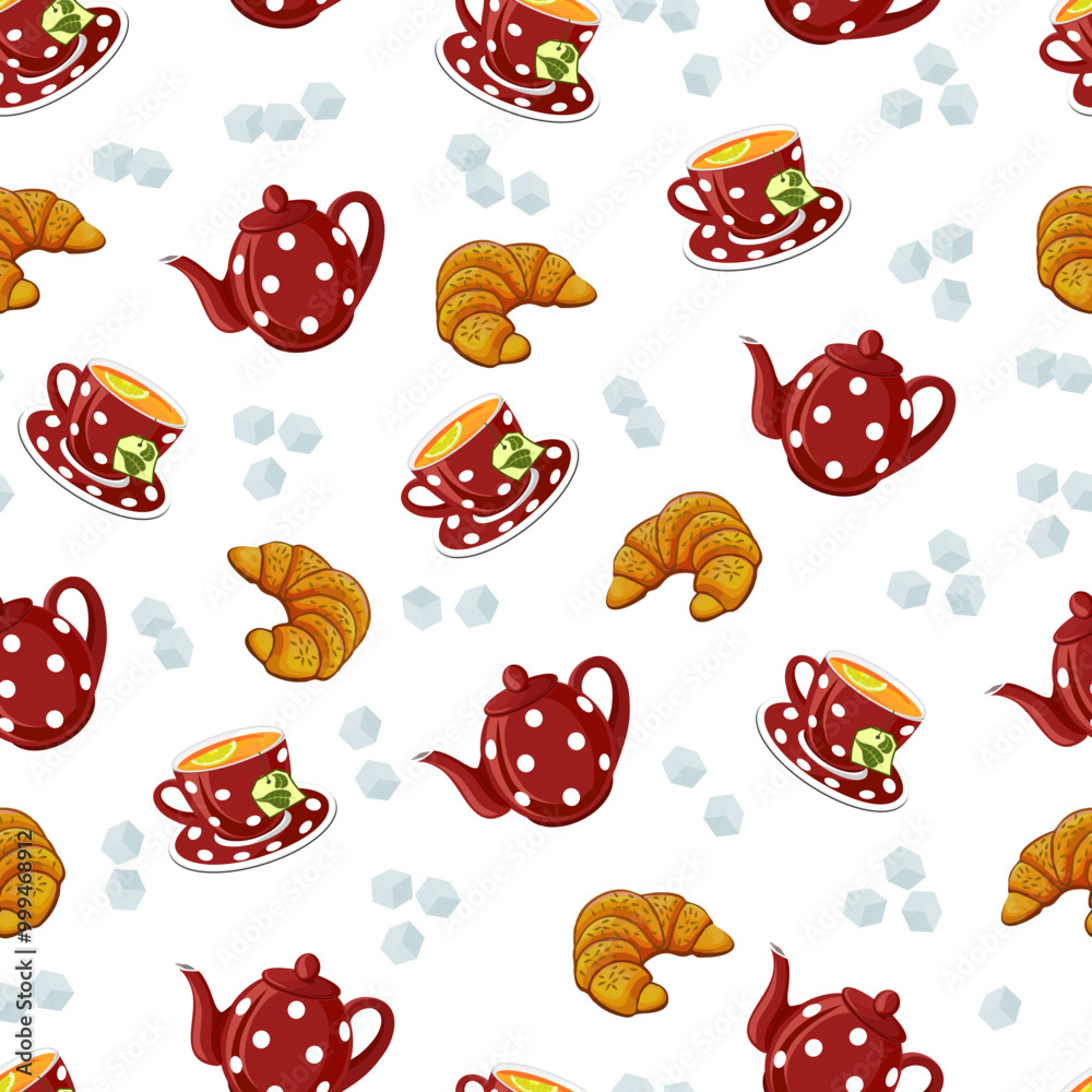 Pattern of teapots and cups.Vector pattern with teapots, cups and croissants on a waffle background. Pattern of teapots and cups.Vector pattern with teapots, cups and croissants on a waffle background.