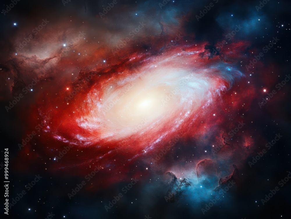 Fototapeta premium A stunning cosmic view of a vibrant galaxy with swirling reds and blues, showcasing the beauty of the universe.