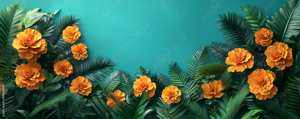 Vibrant orange marigold flowers with green palms create a striking contrast against a teal background, perfect for cheerful designs. Vibrant orange marigold flowers with green palms create a striking contrast against a teal background, perfect for cheerful designs.