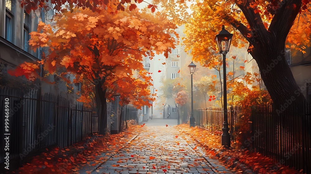 Fototapeta premium Autumnal Street Scene with Falling Leaves