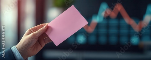 Businessperson holding a pink slip with a somber expression, blurred financial charts in the background, Layoff notice, personal economic crisis