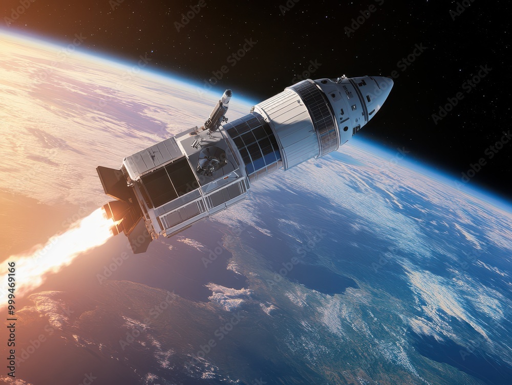 Obraz premium A stunning rocket launches into space, showcasing technology and adventure above the Earth's atmosphere.