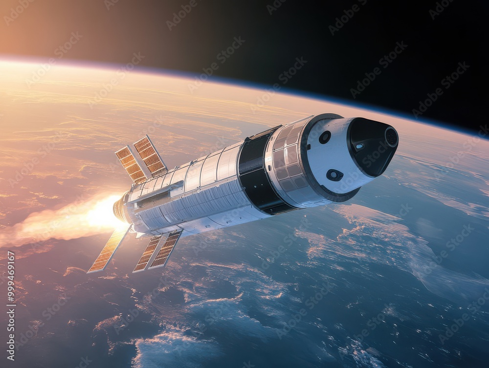 A stunning rocket launches into space above Earth, leaving a trail of fire and smoke in a breathtaking cosmic view.