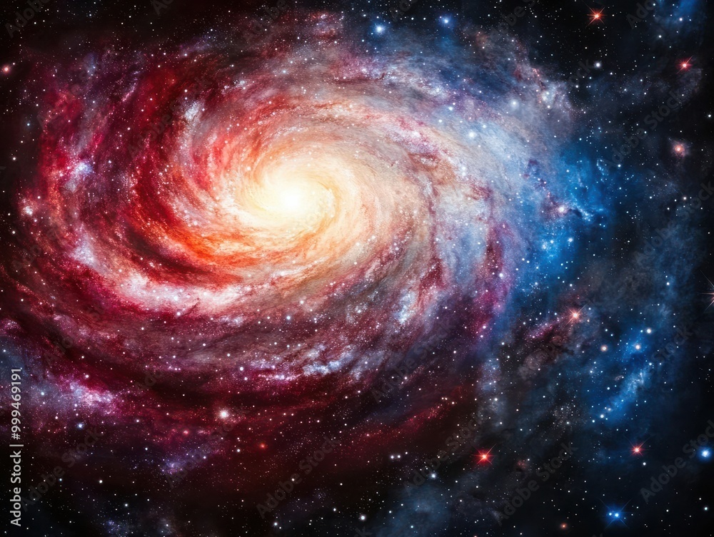 Obraz premium A stunning spiral galaxy illuminated by vibrant colors, showcasing the beauty and mystery of the universe.