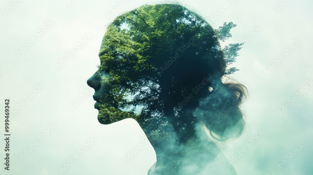 Double Exposure of Woman's Silhouette with Lush Green Tree and Misty Background Creating a Dreamlike Effect