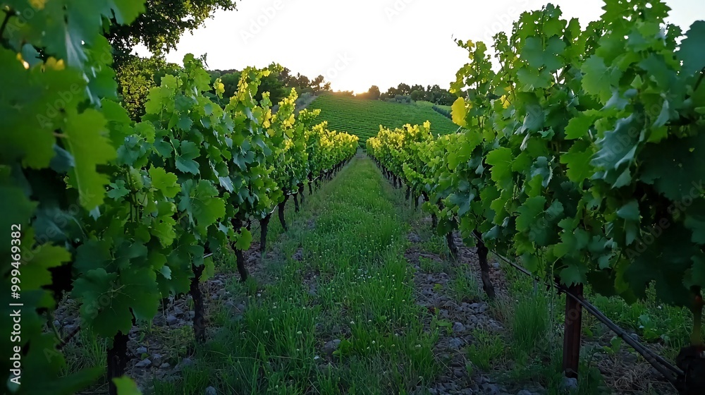 A picturesque vineyard with rows of grapevines stretching towards the horizon, bathed in the warm glow of the setting sun. A picturesque vineyard with rows of grapevines stretching towards the horizon, bathed in the warm glow of the setting sun.