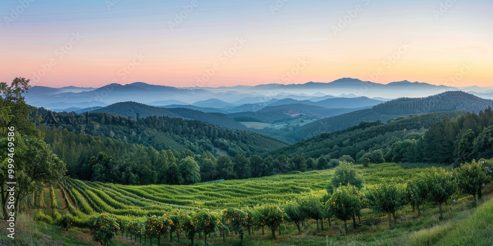 Tranquil Panoramic View of a Peach Orchard Landscape Tranquil Panoramic View of a Peach Orchard Landscape