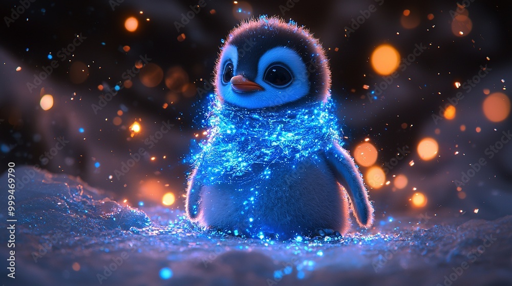 Closer look at tiny penguin with blue illumination on chest and scarf adorning neck Closer look at tiny penguin with blue illumination on chest and scarf adorning neck
