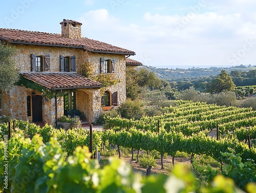 A stone house with a terracotta roof sits in a vineyard with a rolling hills background. photo