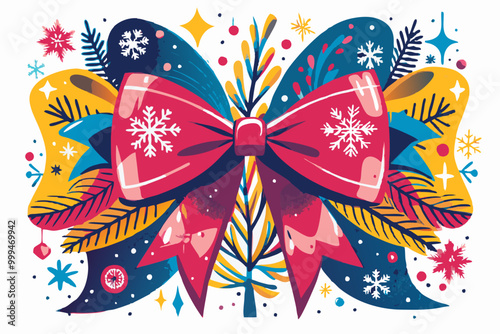 Festive Seasonal Bow Illustration with Winter Motifs and Sparkling Elements