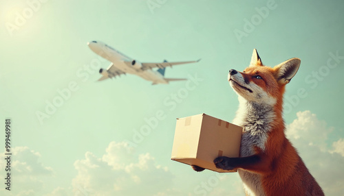 Fox looking up at the sky while holding a box shipment from a shipping company photo