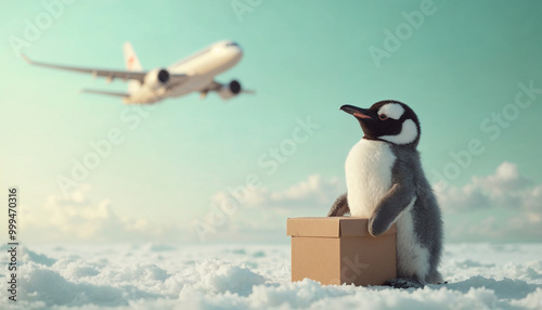 Cute penguin looking up at the sky while holding a box shipment from a shipping company photo