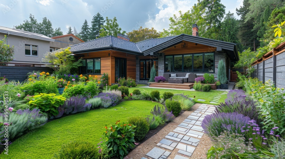Beautiful backyard landscape design in the garden,Some flowers and nicely trimmed bushes on the leveled front yard Beautiful backyard landscape design in the garden,Some flowers and nicely trimmed bushes on the leveled front yard