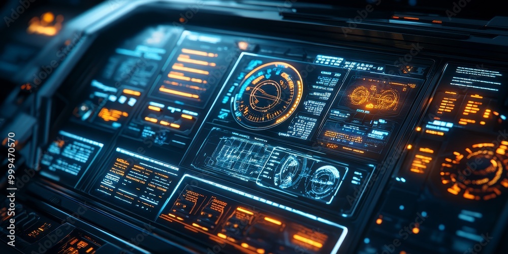 Obraz premium A cutting-edge space mission dashboard, with glowing digital gauges, orbit projections, and advanced control panels.