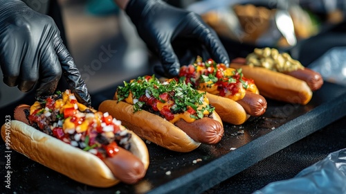 Close-up of a person making hot dogs with different toppings on a black plate while wearing gloves and black clothing, emphasizing the food's vivid flavors and textures.