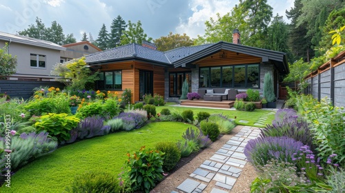 Beautiful backyard landscape design in the garden,Some flowers and nicely trimmed bushes on the leveled front yard 