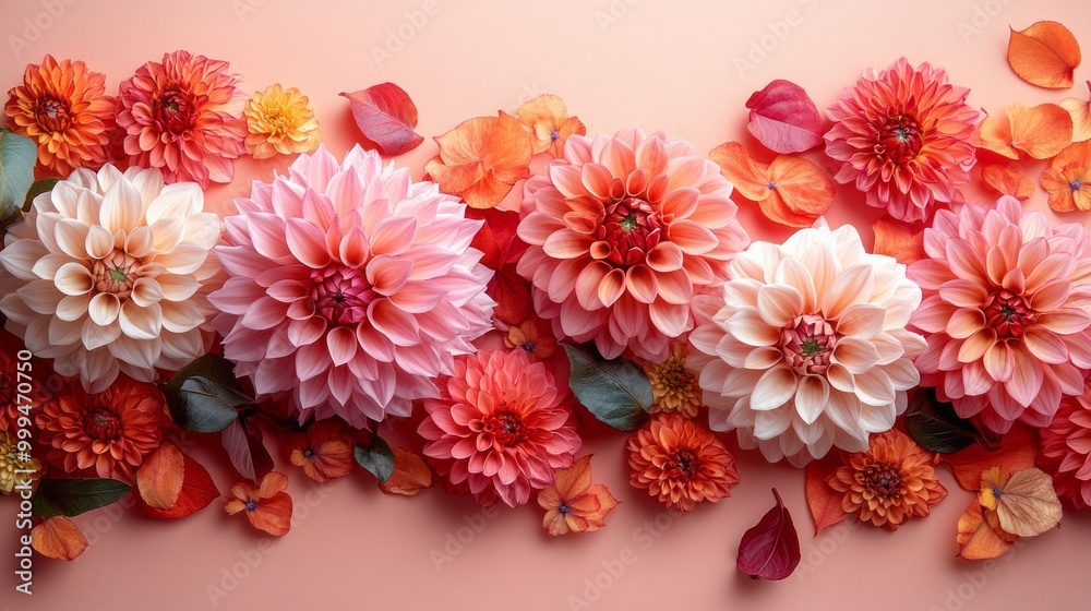 A row of pink and orange flowers are arranged in a line A row of pink and orange flowers are arranged in a line
