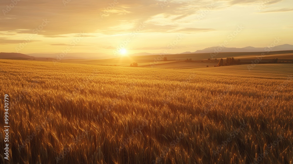Obraz premium Golden Wheat Field at Sunset Over the Horizon