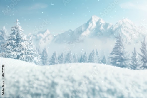 Serene Winter Majesty, tranquil snowy mountains, snow-capped peaks, crisp air, textures of powdery snow, evergreen forests, peaceful and majestic winter landscape