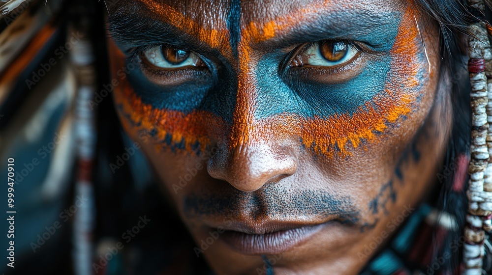 Close-up of a man with intricate face paint and tribal accessories. Close-up of a man with intricate face paint and tribal accessories.