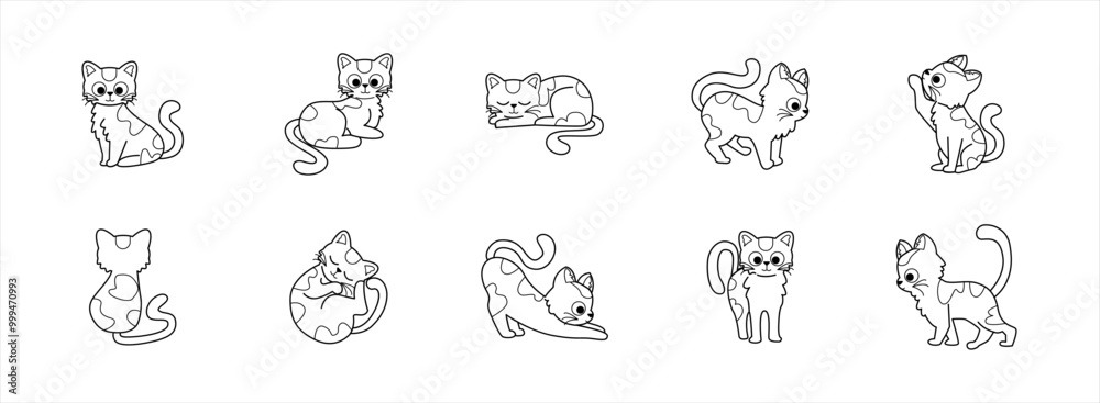 Cute Cat Outline flat illustration set. Vector art illustration isolated.