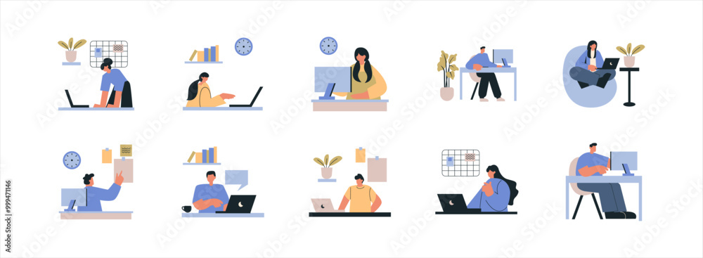 Freelancer flat illustration set. Include of computer, work, freelance, laptop, and workplace. Vector illustration isolated.