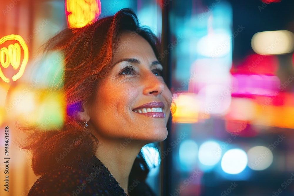 Smiling woman with glowing neon lights in background