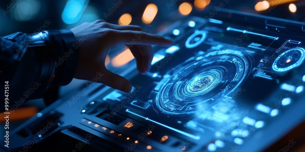 Obraz premium A modern digital control interface for space exploration, with touch-sensitive holographic buttons and real-time star tracking.