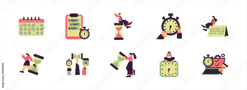 Fototapeta premium Time Management flat illustration set. Include of business, management, schedule, and deadline. Vector illustration isolated.