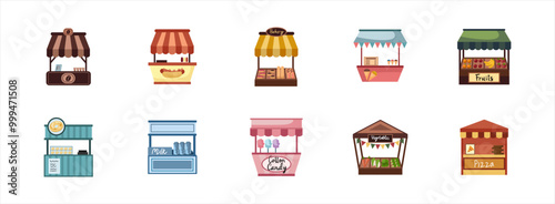 Stand Food  flat illustration set. Include of food, stand, store, product, and counter. Vector illustration isolated.