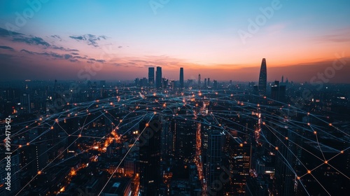 Aerial View of Modern City at Dusk with Networks