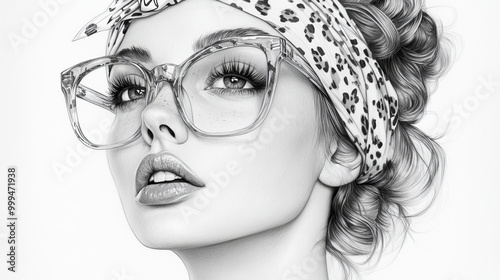 Young woman in glasses and headscarf poses elegantly in monochrome art