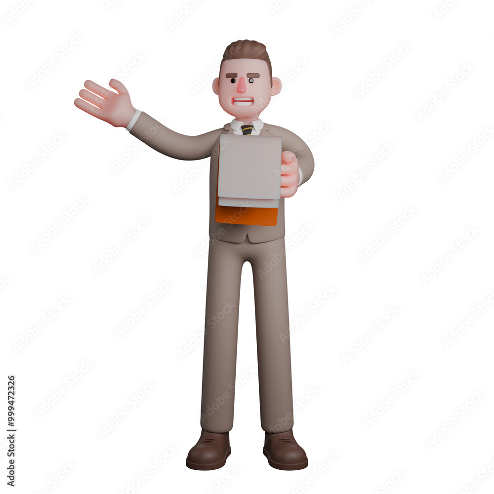 Illustration of 3D Male Lawyer. A male lawyer is standing with his left hand holding a clipboard and his right hand raised upwards, as if explaining something. Professional Cartoon Illustration of 3D Male Lawyer. A male lawyer is standing with his left hand holding a clipboard and his right hand raised upwards, as if explaining something. Professional Cartoon