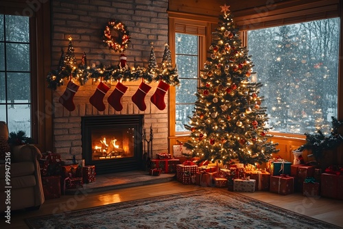 Cozy Christmas Living Room with Sparkling Tree