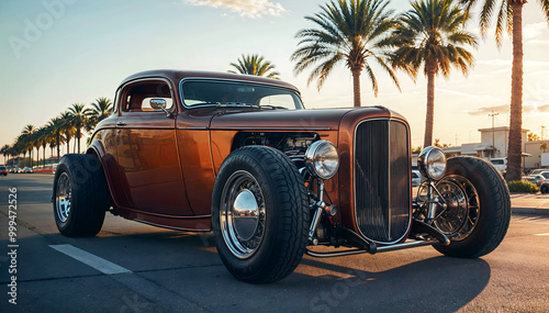 Obraz na płótnie Beautiful unique brown orange vintage hot rod car parked in the street , automotive background, tuning template, auto transport w salonie