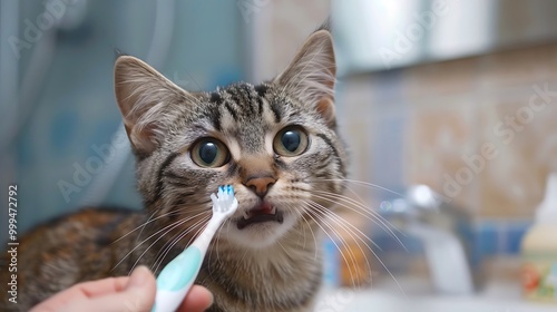 Tabby cat learns about oral health by peering at paste on a toothbrush