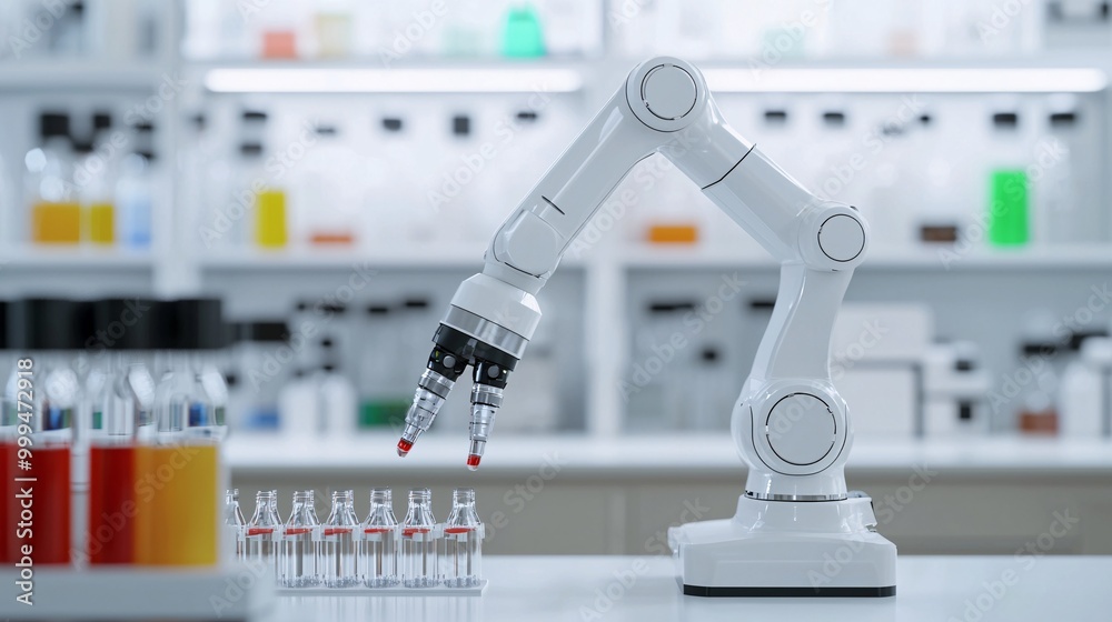 A robotic arm performs precise lab tasks, surrounded by various colorful liquid samples in a modern laboratory setting. A robotic arm performs precise lab tasks, surrounded by various colorful liquid samples in a modern laboratory setting.