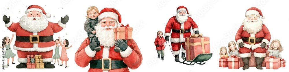 AWatercolor a cheerful collection of Santa Claus illustrations featuring Santa with gifts, children, and holiday cheer, perfect for festive designs. AWatercolor a cheerful collection of Santa Claus illustrations featuring Santa with gifts, children, and holiday cheer, perfect for festive designs.