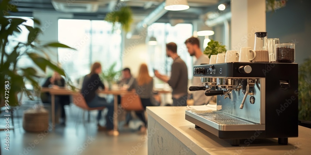 a coffee machine in a co-working lounge, with professionals networking in the background a coffee machine in a co-working lounge, with professionals networking in the background