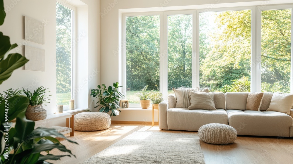 Naklejka premium Bright and airy living room with large windows, cozy sofa, and indoor plants, creating a serene and inviting atmosphere.