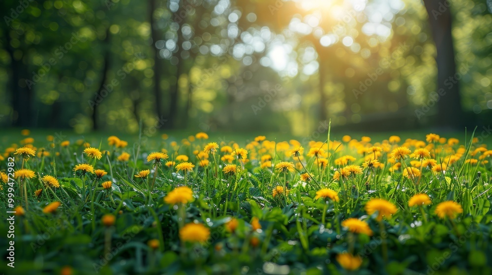 Beautiful spring natural background. Landscape with young lush green grass with blooming dandelions against the background of trees in the garden Beautiful spring natural background. Landscape with young lush green grass with blooming dandelions against the background of trees in the garden