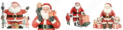 AWatercolor a cheerful collection of Santa Claus illustrations featuring Santa with gifts, children, and holiday cheer, perfect for festive designs.