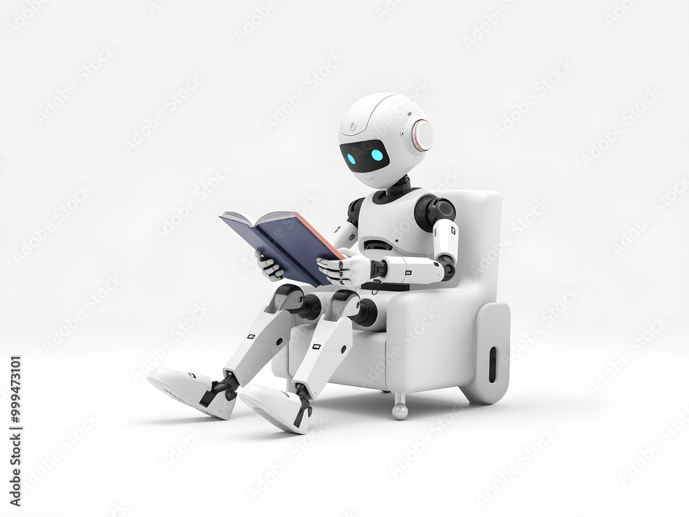 3d rendering robot reading a book on white background