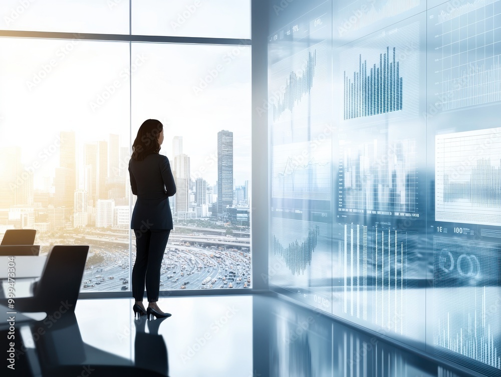 Fototapeta premium Businesswoman analyzing data in a modern office with a city view, highlighting analytical tools and professional insights.
