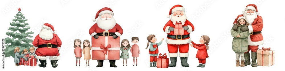 Watercolor of A whimsical illustration of Santa Claus and children celebrating Christmas, featuring a decorated tree and festive gifts against a white background. Watercolor of A whimsical illustration of Santa Claus and children celebrating Christmas, featuring a decorated tree and festive gifts against a white background.