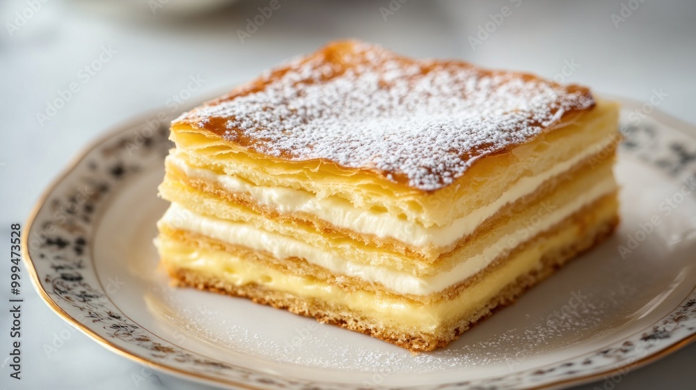 Napoleon cake or vanilla custard slice are other names for this slice of mille-feuille cake. dessert consisting of layers of pastry cream and puff pastry. Napoleon cake or vanilla custard slice are other names for this slice of mille-feuille cake. dessert consisting of layers of pastry cream and puff pastry.